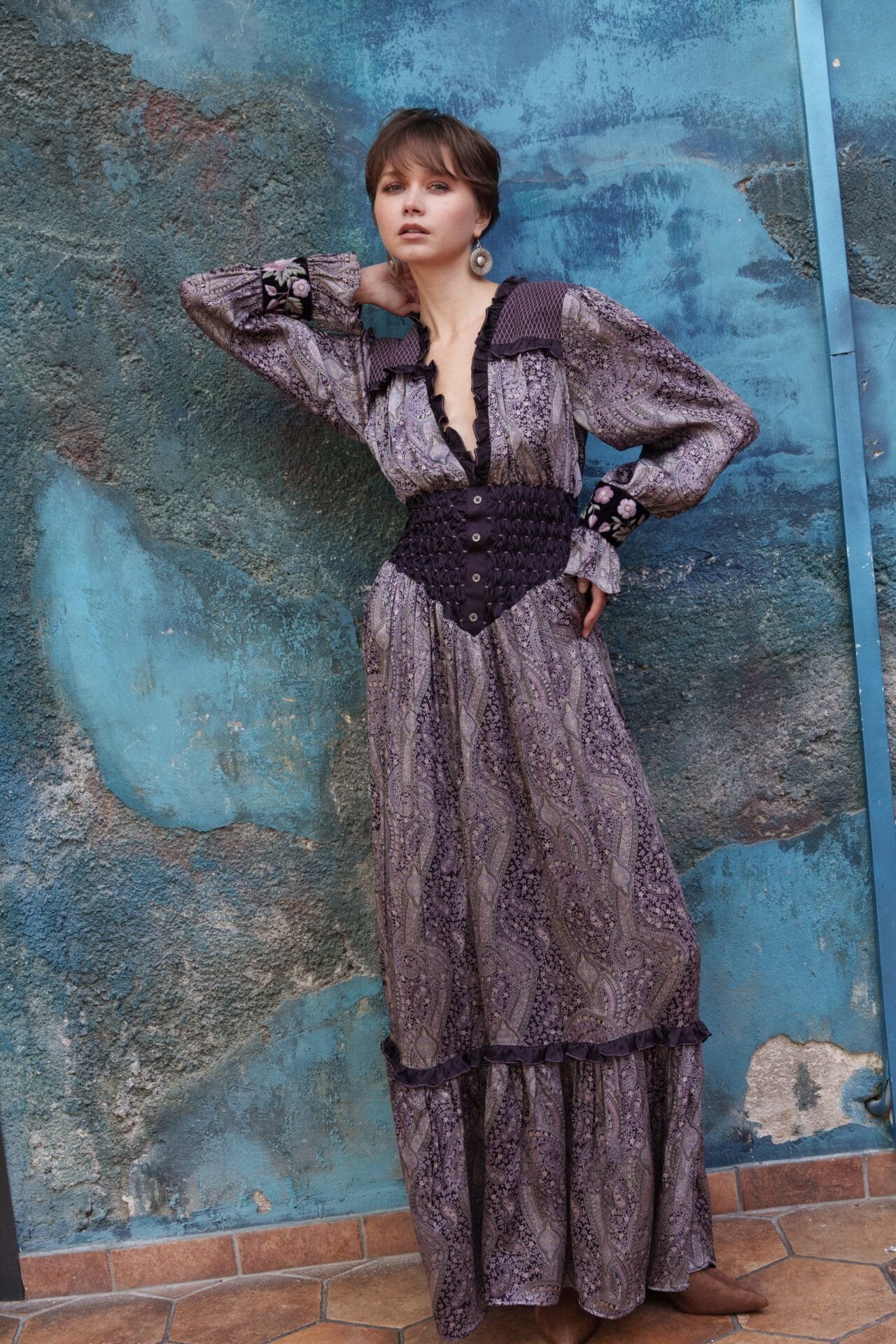 Purple paisley printed smoking maxi