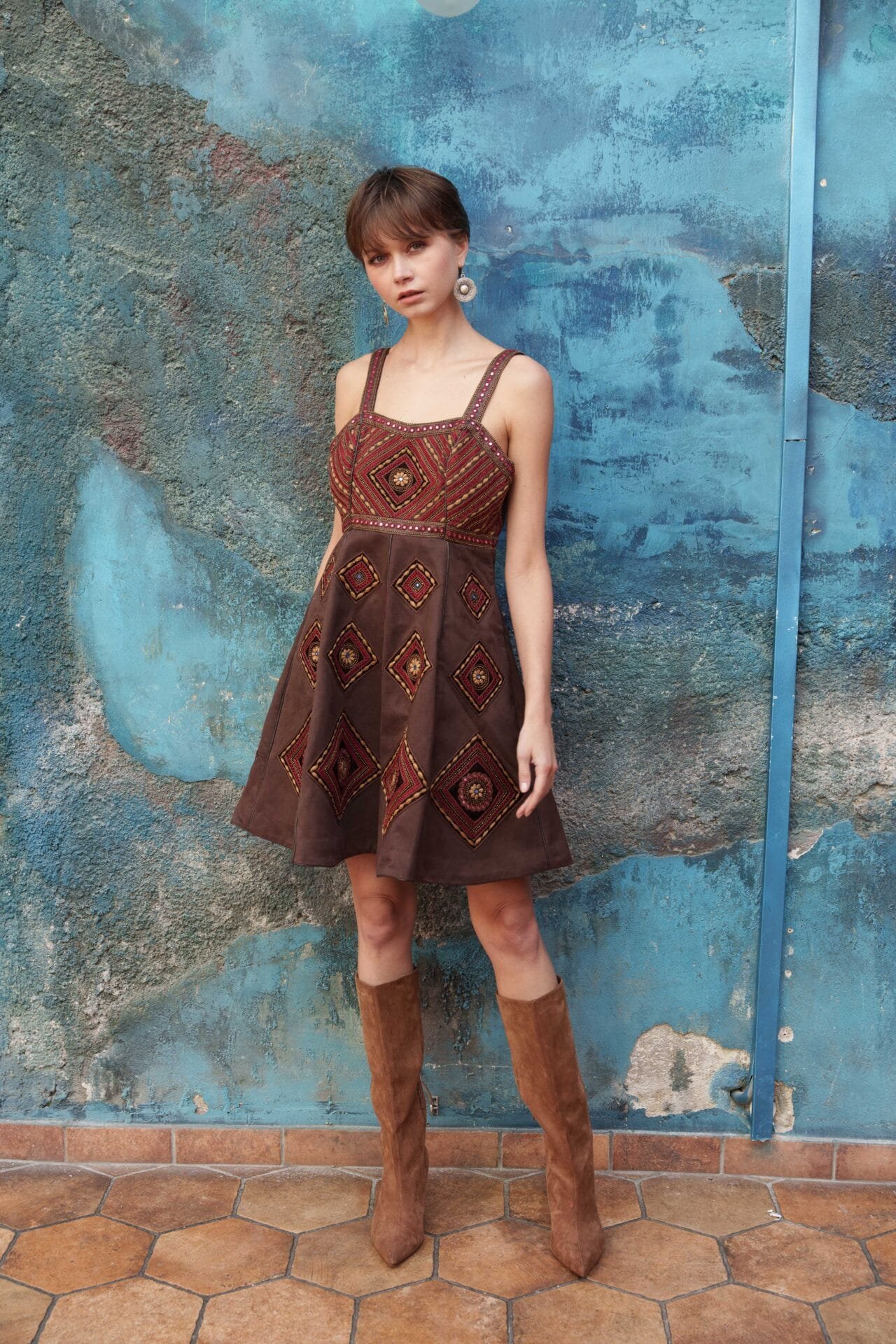 Brown suded embroidered dress