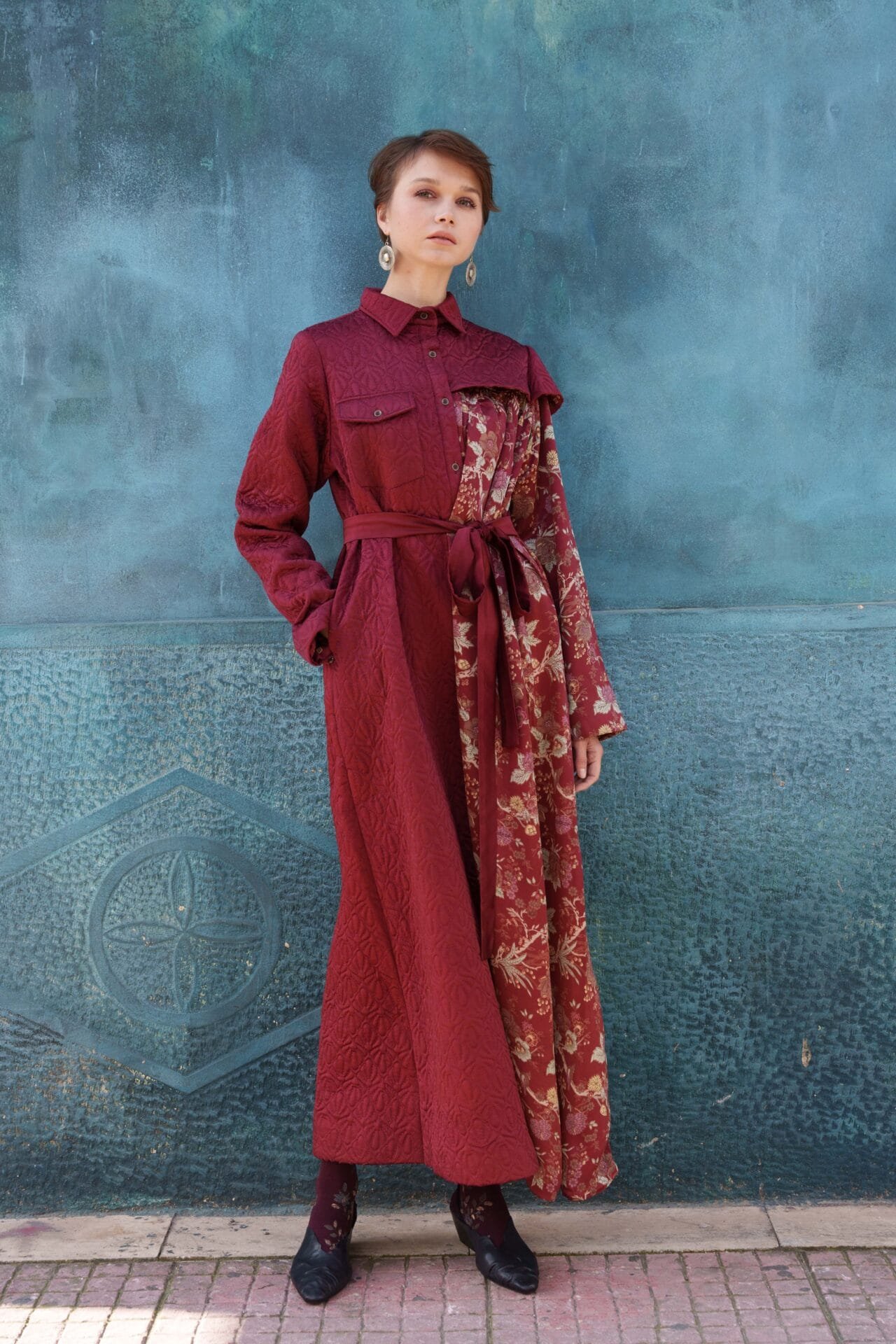 Maroon satin prilted and quilted dr