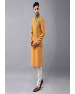 Tie & Dye Bundi Jacket with Placement Hand Embriodery. It is paired with Kurta and Pyjama.