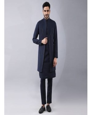 Indowestern with quilted yoke and intricate dori work. It is paired with kurta highlights with dori work and pants.