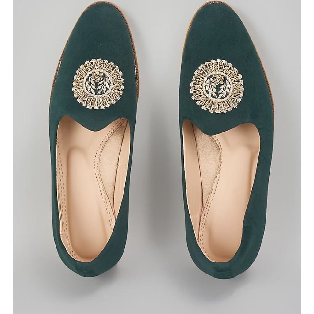 Emerald Green Embroidered Loafers