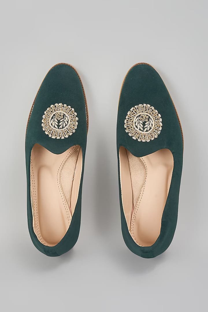 Emerald Green Embroidered Loafers