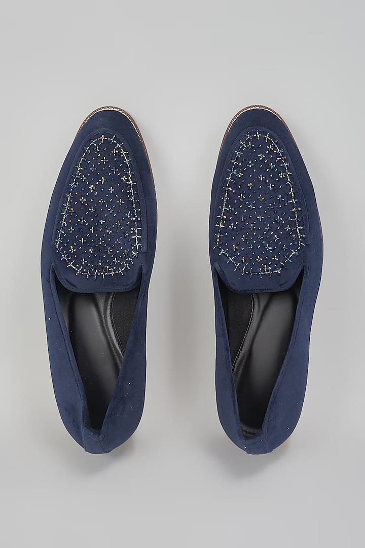 Navy Blue Embroidered Loafers
