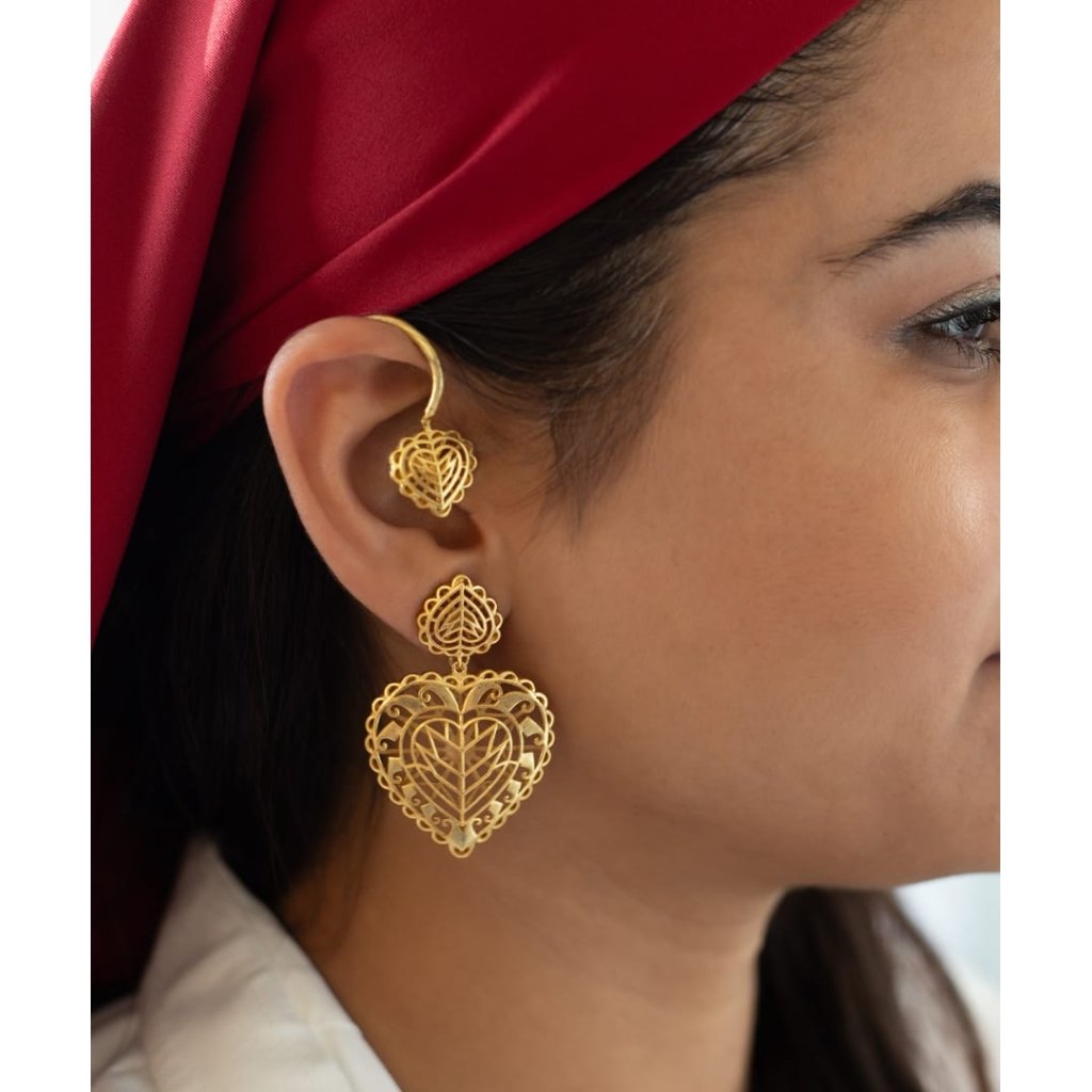 Rakaan Big Heart Drop Earrings With Detachable Ear Cuff