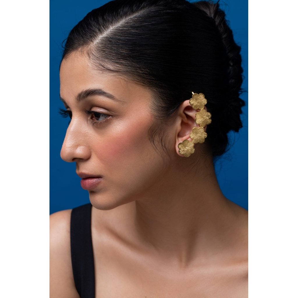 Golden Flower Carved Ear Cuff