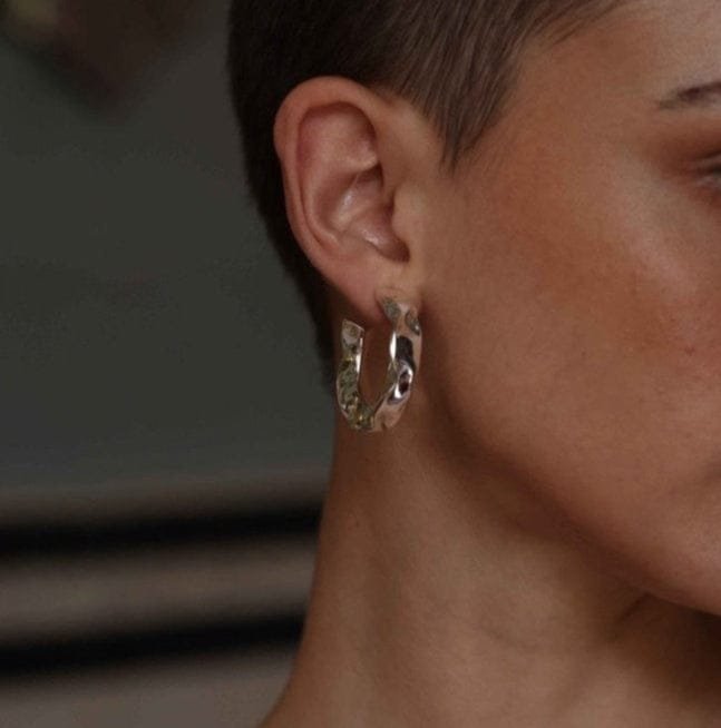 Metallic Hammered Hoops for Women - Small Textured Hammered Hoop Earrings, Silver Plated Premium Brass, Hypoallergenic Lightweight Daily Wear Jewelry Gift for Girls