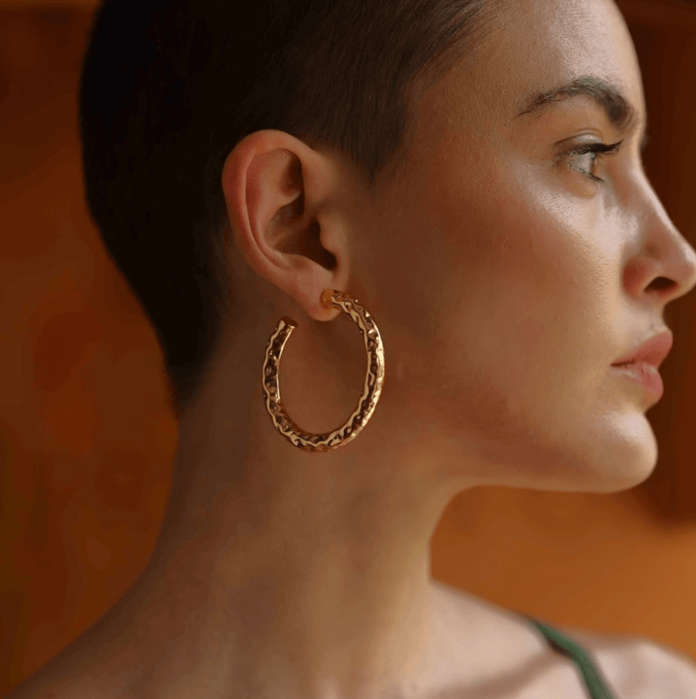 Medium Etched Hoop Earrings Textured Raw Bouldered Hoops Jewelry for Women and Girls, Etched Hoops, 22KT Real Gold Plating on Premium Brass Alloy